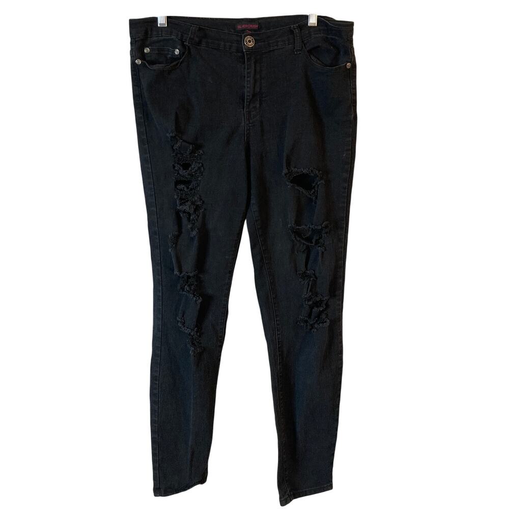 Silver Crush Black Distressed Skinny Jeans Womens 15 High Rise Stretch Ripped
